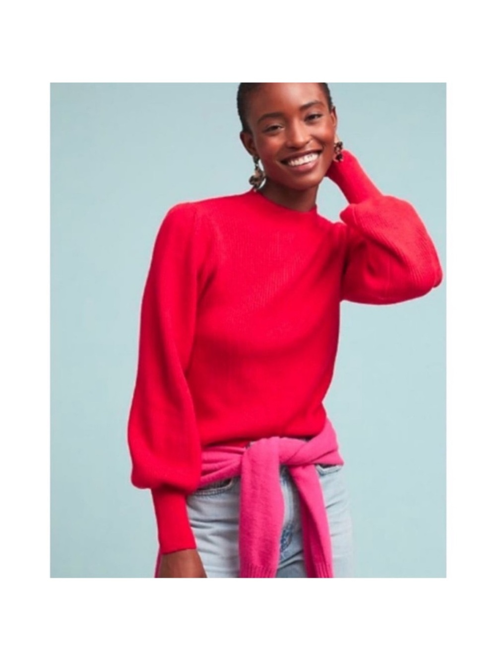 Anthropologie Line & Dot Balloon Sleeve Red Sheridan Sweater Size XS NWT